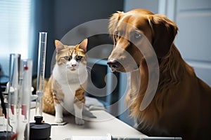 feline and canine scientists in laboratory conducting experiment, testing hypothesis