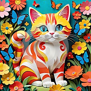 Feline cat kitten still art paper cut vibrant floral garden