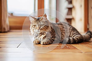 Feline Elegance: Cat Posing Gracefully on a Wooden Floor.