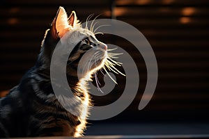 Feline elegance, sunlight reveals the outline of a striped cat