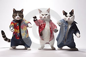 Feline Fashionistas: Cats Dancing Gangnam Style in Human Clothes on White Background. Perfect for Invitations and Posters.