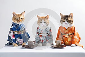 Feline Fashionistas Sipping Chinese Tea in Human Clothes on White Background. Perfect for Invitations and Posters. photo