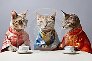 Feline Fashionistas Sipping Chinese Tea in Human Clothes on White Background. Perfect for Invitations and Posters. photo