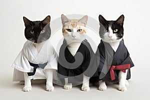 Feline Fashionistas Strike a Pose: Three Cats in Human Clothes Doing Karate on White Background. photo