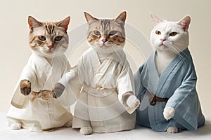 Feline Fashionistas Strike a Pose: Three Cats in Human Clothes Doing Karate on White Background. photo