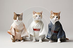 Feline Fashionistas: Three Cats in Karate Outfits Strike a Pose on White Background. photo