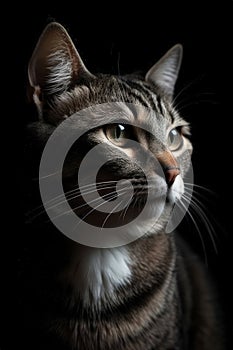 Feline Focus: Close-Up of a Real Cat on Black Background for Copy Space.