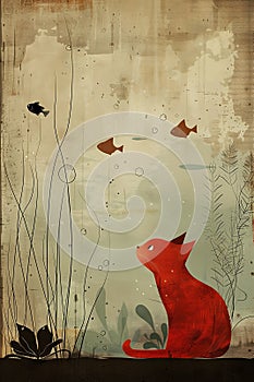 Feline Friends: A Whimsical Illustration of a Kitten, Fish Tank