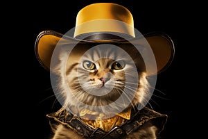 Feline on the Frontier: 3D-Generated Cat Rides into Cowboy Glory on Black Background