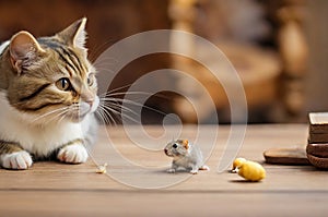 Feline Fun: Cat Playfully Engaging with a Little Gerbil Mouse on the Table.
