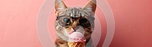 Feline Fun in the Sun: Cool Cat Savoring Summer Ice Cream - Amusing Pet Holiday Photo Banner on Apricot Backdrop