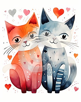 Feline Love: A Whimsical Illustration of Two Cats Embracing in a