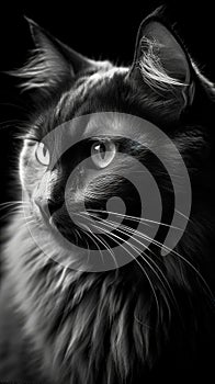 Feline Noir: A Black and White Cat on a Dark Background in Full Focus.