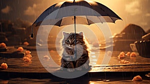 Feline Protection: Cat with Umbrella in Rainy Night generated by AI tool