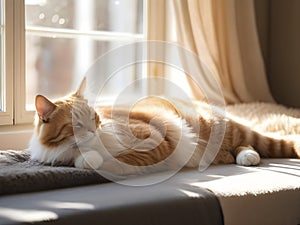 A Feline's Restful Repose in Soft Morning Light.
