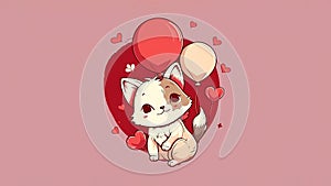 A Feline's Valentine, Cartoon Cat with Balloons and Hearts in a Cutesy Style Graphic Illustration - Generative Ai photo