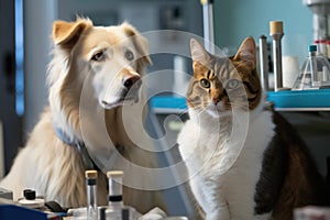 feline scientists plotting the next step in their groundbreaking research while canine counterpart takes notes photo