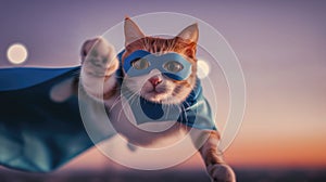 Feline Superhero, Cute Kitty with a Blue Cape and Mask Costume Flying, Generative AI