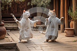 Feline Tai Chi Masters: Three Cats in Human Tunics Practicing in a Courtyard.