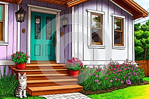 Feline Welcome  A Cute Cartoon Cat on the Front Porch.AI Generated