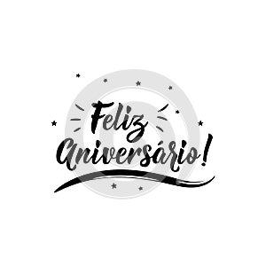 Happy Birthday in Portuguese. Ink illustration with hand-drawn lettering. Feliz Aniversario photo