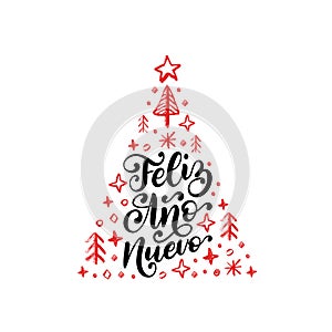 Feliz Ano Nuevo, handwritten phrase, translated from Spanish Happy New Year. Vector Christmas spruce illustration. photo