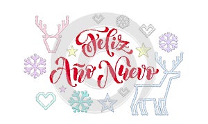 Feliz Ano Nuevo Spanish Happy New Year calligraphy font embroidery decoration for holiday greeting card design. Vector Christmas d