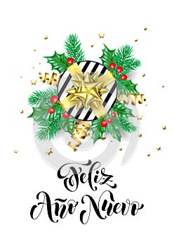 Feliz Ano Nuevo Spanish Happy New Year calligraphy hand drawn text for greeting card background template. Vector Christmas tree ho