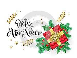 Feliz Ano Nuevo Spanish Happy New Year calligraphy hand drawn text for greeting card background template. Vector Christmas tree ho