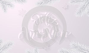 Feliz Ano Nuevo Spanish Happy New Year frozen ice calligraphy font for greeting card and snowflakes on snow white background. Vect