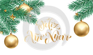 Feliz Ano Nuevo Spanish Happy New Year golden calligraphy hand drawn text and golden ornament for greeting card background templat