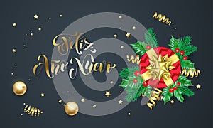 Feliz Ano Nuevo Spanish Happy New Year golden decoration and gold font calligraphy greeting card design. Vector Christmas gift box