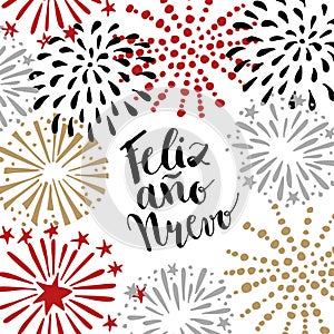 Feliz ano nuevo, Spanish Happy New Year greeting card with handwritten text and hand drawn fireworks, stars. Vector illustration photo