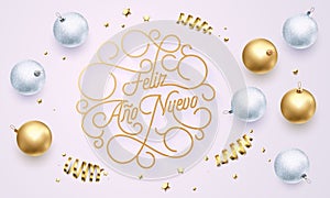 Feliz Ano Nuevo Spanish Happy New Year Navidad flourish golden calligraphy lettering of swash gold greeting card design. Vector go photo