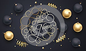 Feliz Ano Nuevo Spanish Happy New Year Navidad flourish golden calligraphy lettering of swash gold greeting card design. Vector go