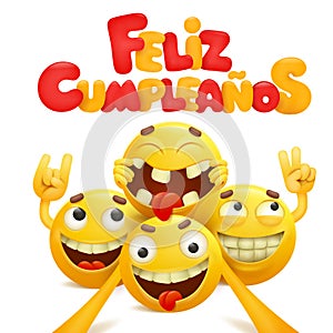 Feliz Cumpleanos - Happy Birthday in Spanish greeting card with group of yellow emoji cartoon characters. photo