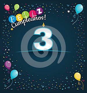 Feliz Cumpleanos 3 - Happy Birthday 3 in Spanish language - Greeting card with white candles photo