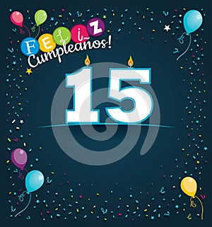 Feliz Cumpleanos 15 - Happy Birthday 15 in Spanish language - Greeting card with white candles photo