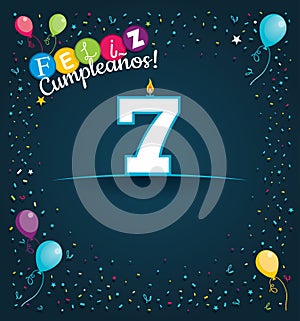 Feliz Cumpleanos 7 - Happy Birthday 7 in Spanish language - Greeting card with white candles photo