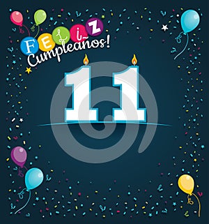 Feliz Cumpleanos 11 - Happy Birthday 11 in Spanish language - Greeting card with white candles photo
