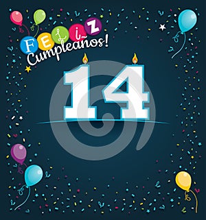 Feliz Cumpleanos 14 - Happy Birthday 14 in Spanish language - Greeting card with white candles photo