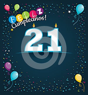 Feliz Cumpleanos 21 - Happy Birthday 21 in Spanish language - Greeting card with white candles photo