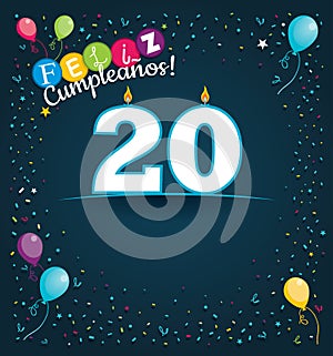 Feliz Cumpleanos 20 - Happy Birthday 20 in Spanish language - Greeting card with white candles photo