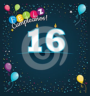 Feliz Cumpleanos 16 - Happy Birthday 16 in Spanish language - Greeting card with white candles photo