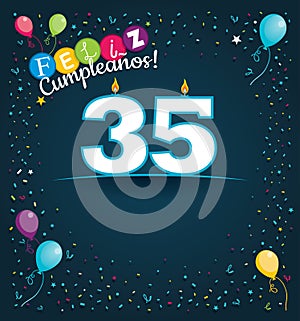 Feliz Cumpleanos 35 - Happy Birthday 35 in Spanish language - Greeting card with white candles photo