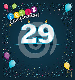 Feliz Cumpleanos 29 - Happy Birthday 29 in Spanish language - Greeting card with white candles photo