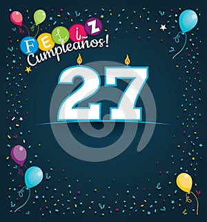 Feliz Cumpleanos 27 - Happy Birthday 27 in Spanish language - Greeting card with white candles photo