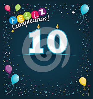 Feliz Cumpleanos 10 - Happy Birthday 10 in Spanish language - Greeting card with white candles photo