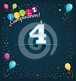 Feliz Cumpleanos 4 - Happy Birthday 4 in Spanish language - Greeting card with white candles photo