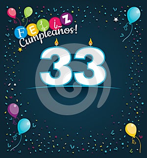 Feliz Cumpleanos 33 - Happy Birthday 33 in Spanish language - Greeting card with white candles photo